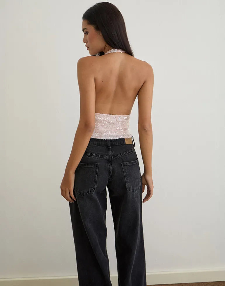 Cosio Halter Top in Sequin Baby Pink