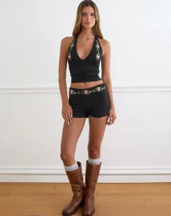 Cosmo Halterneck Top in Black with Swirly Floral Embroidery