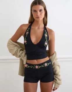 Cosmo Halterneck Top in Black with Swirly Floral Embroidery