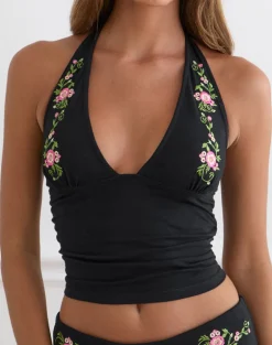 Cosmo Halterneck Top in Black with Swirly Floral Embroidery