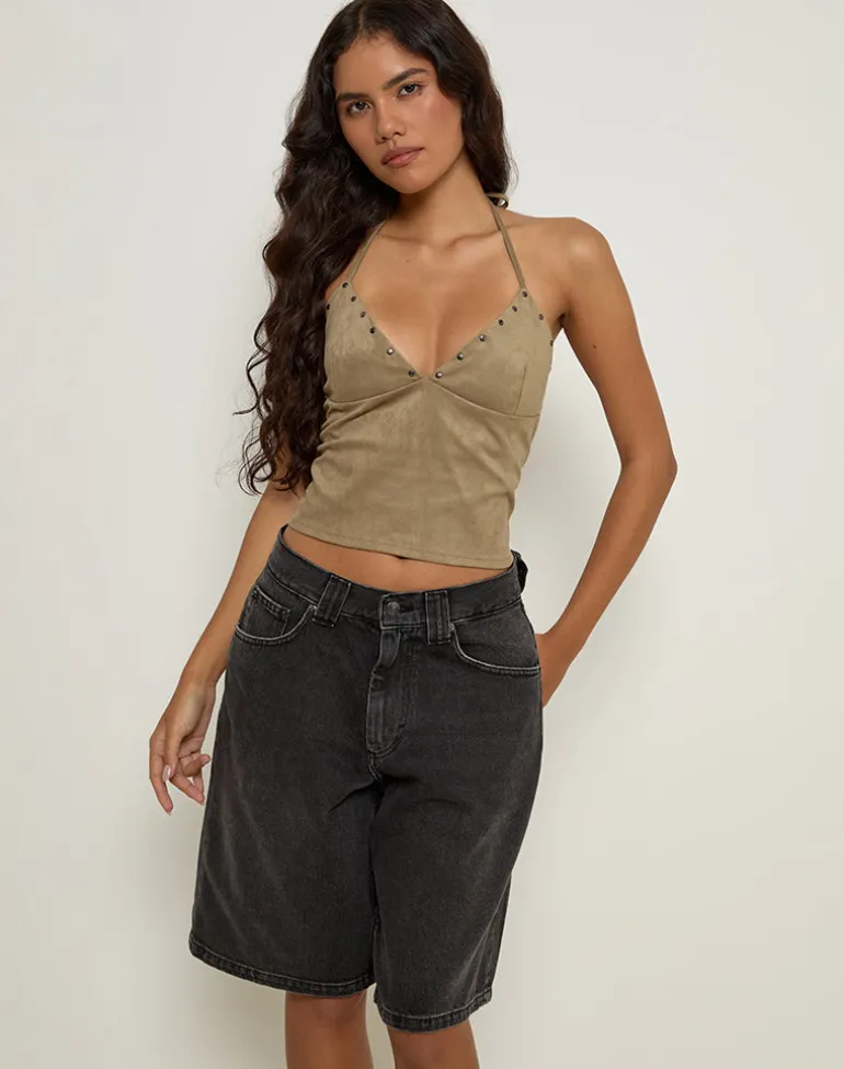 Cressa Top in Faux Suede Mushroom Grey
