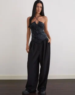 Daiki Halterneck Top in Leaf Velvet Dark Blue