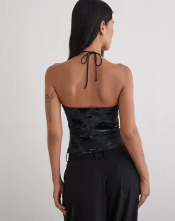 Daiki Halterneck Top in Leaf Velvet Dark Blue