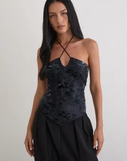 Daiki Halterneck Top in Leaf Velvet Dark Blue