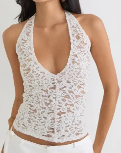 Dainy Plunge Halterneck Top in Lace White