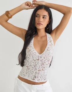 Dainy Plunge Halterneck Top in Lace White