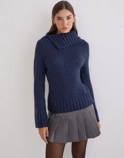 Dajah Fold Over Jumper in Knit Navy
