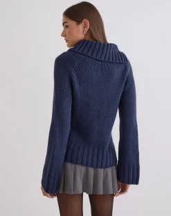 Dajah Fold Over Jumper in Knit Navy
