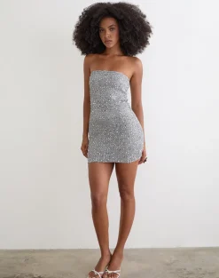Dalanis Mini Dress in Sheer Sequin Silver