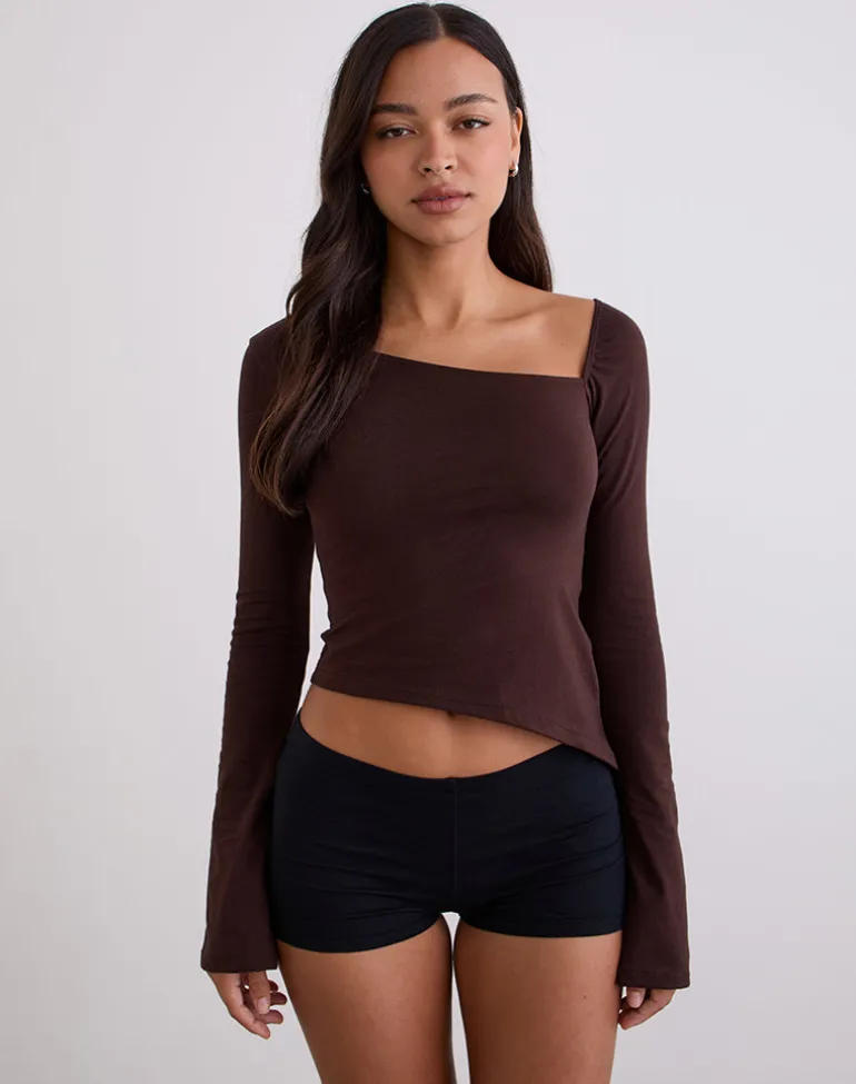 Dalene Asymmetric Long Sleeve Top in Bitter Chocolate