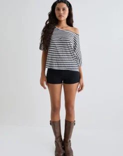 Daman Off Shoulder Basic Top in Ivory with Charcoal Stripe
