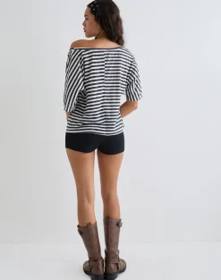 Daman Off Shoulder Basic Top in Ivory with Charcoal Stripe