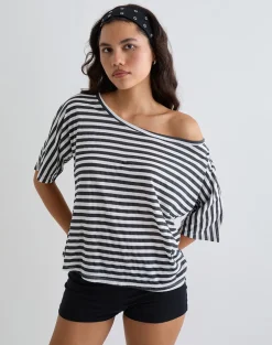 Daman Off Shoulder Basic Top in Ivory with Charcoal Stripe