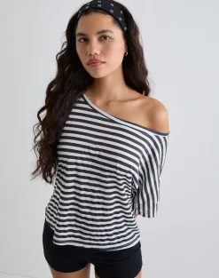 Daman Off Shoulder Basic Top in Ivory with Charcoal Stripe