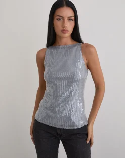 Damske Vest Top in Clear Tinted Sequin Grey
