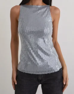 Damske Vest Top in Clear Tinted Sequin Grey