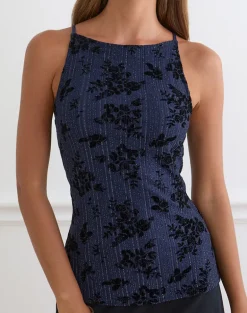 Damske Vest Top in Flocked Shimmer Plisse Navy
