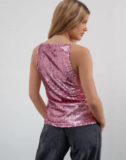 Damske Vest Top in Pink Sequin