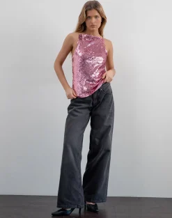 Damske Vest Top in Pink Sequin