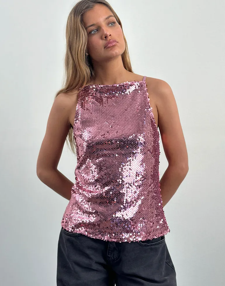Damske Vest Top in Pink Sequin