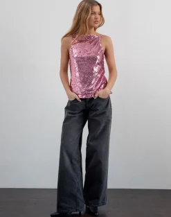Damske Vest Top in Pink Sequin