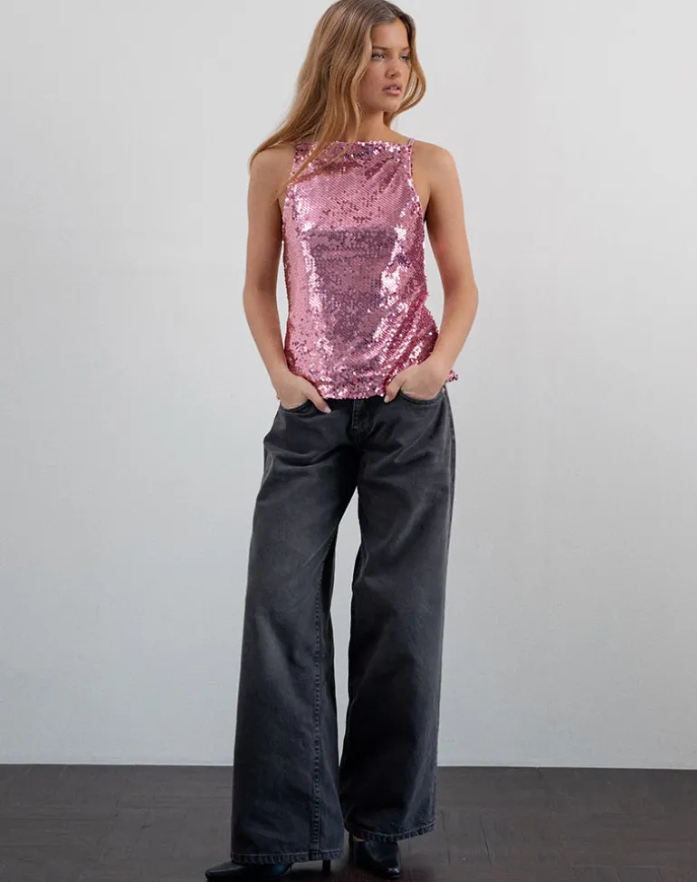 Damske Vest Top in Pink Sequin