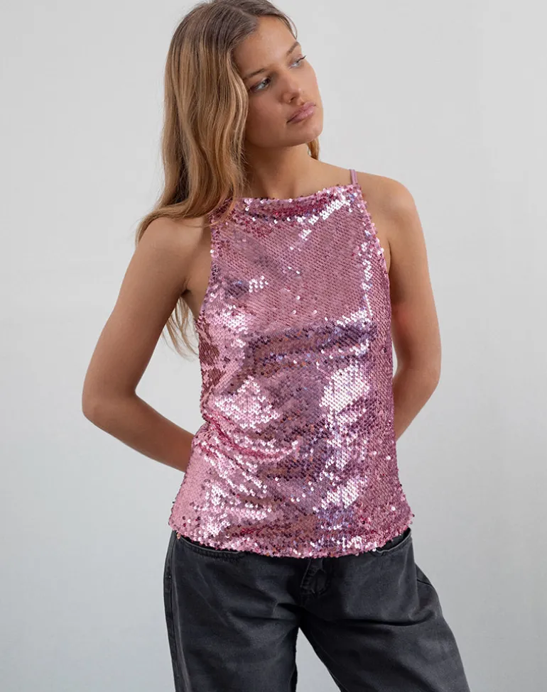 Damske Vest Top in Pink Sequin