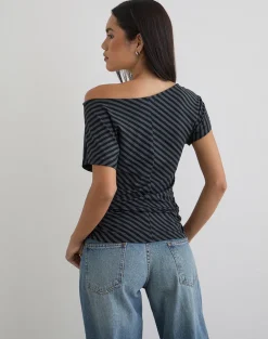 Danama One Shoulder Top in Oblique Stripe Ocean Storm