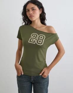 Danama One Shoulder Top in Rayon Jersey Grape with '28' Graphic
