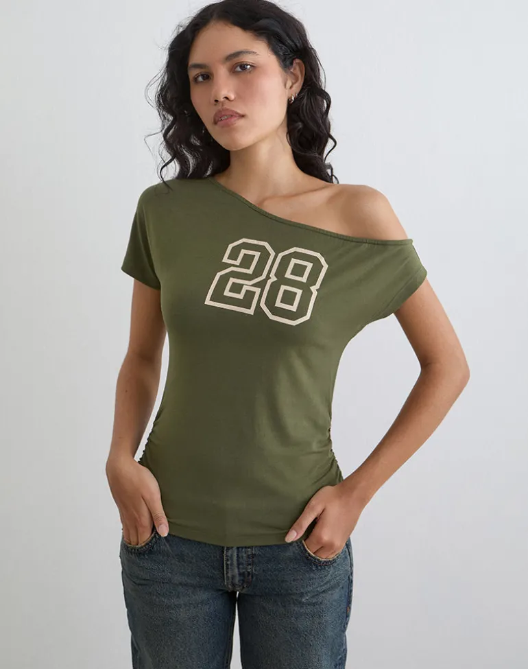 Danama One Shoulder Top in Rayon Jersey Grape with '28' Graphic