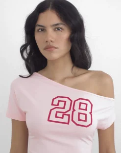 Danama One Shoulder Top in Rayon Jersey Light Pink with '28' Graphic