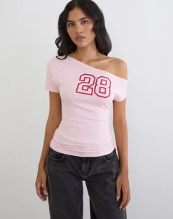 Danama One Shoulder Top in Rayon Jersey Light Pink with '28' Graphic