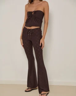 Dan Tie Front Flared Trousers in Broderie Brown