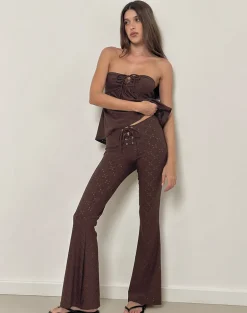 Dan Tie Front Flared Trousers in Broderie Brown