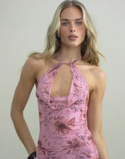 Dapila Halterneck Mini Dress in Mesh Animal Lily Mauve