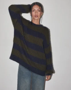 Daren Knitted Oversized Jumper in Khaki and Navy Blue Stripe