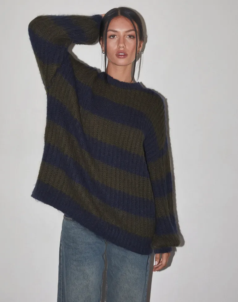 Daren Knitted Oversized Jumper in Khaki and Navy Blue Stripe