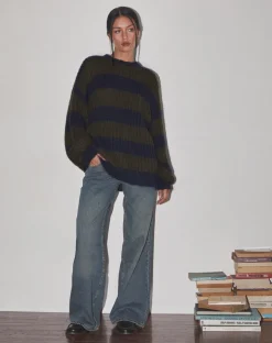 Daren Knitted Oversized Jumper in Khaki and Navy Blue Stripe