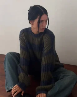Daren Knitted Oversized Jumper in Khaki and Navy Blue Stripe