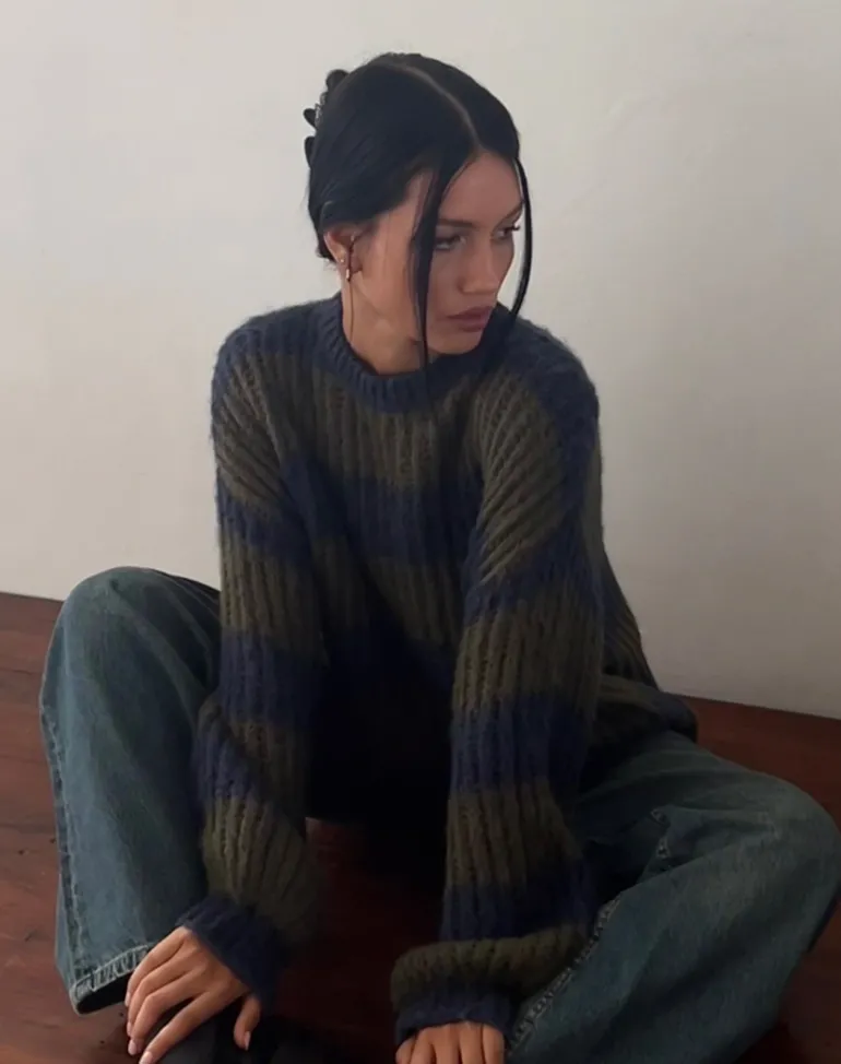 Daren Knitted Oversized Jumper in Khaki and Navy Blue Stripe