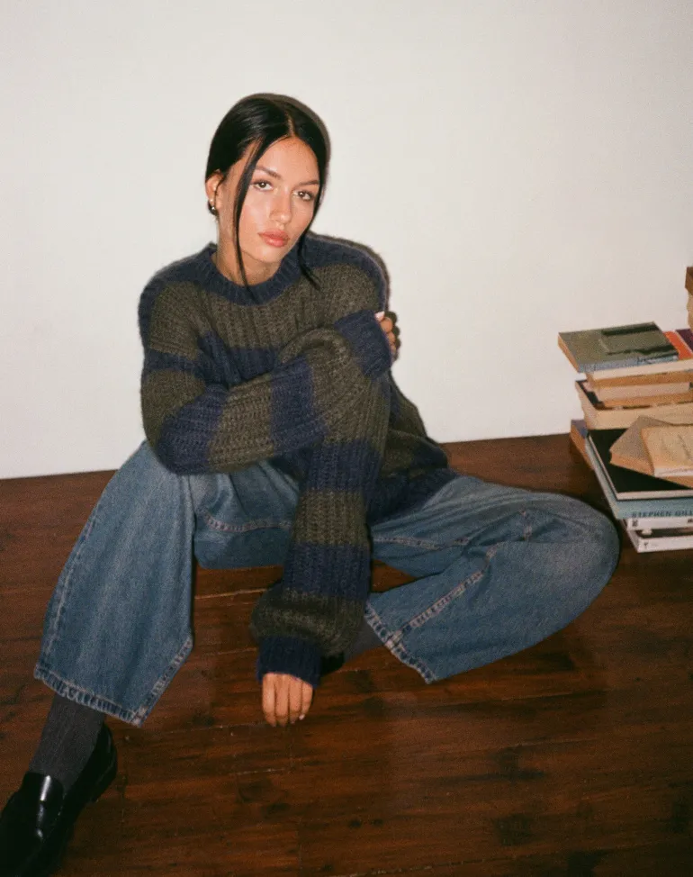 Daren Knitted Oversized Jumper in Khaki and Navy Blue Stripe