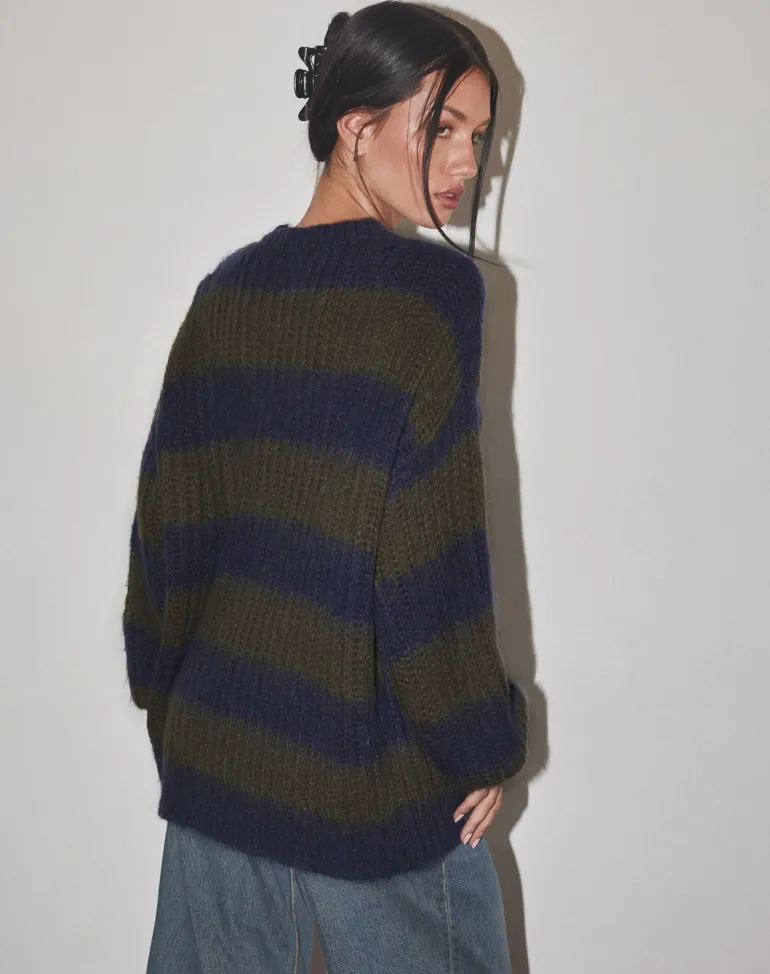 Daren Knitted Oversized Jumper in Khaki and Navy Blue Stripe