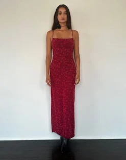 Darsih Cami Maxi Dress Red Grunge Floral Flock