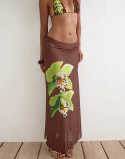 Dartina Maxi Slip Skirt in Brown with Green Dendrobium Flower