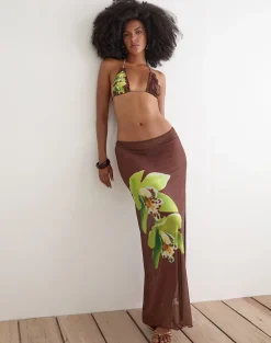 Dartina Maxi Slip Skirt in Brown with Green Dendrobium Flower