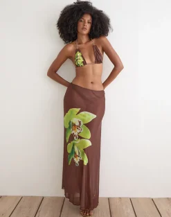 Dartina Maxi Slip Skirt in Brown with Green Dendrobium Flower