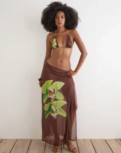 Dartina Maxi Slip Skirt in Brown with Green Dendrobium Flower