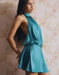 Davina Mini Dress in Stripe Satin Teal