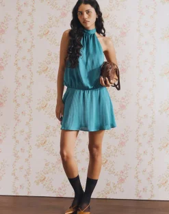 Davina Mini Dress in Stripe Satin Teal