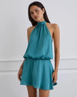Davina Mini Dress in Stripe Satin Teal